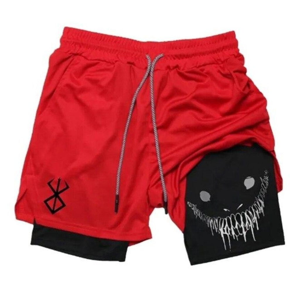 (Red, XXXL) Men's Fitness Training Skinny Shorts Demon Print Summer 2 In 1 Quick Dry Gym Beach Jogging Shorts Outdoor Sportwear
