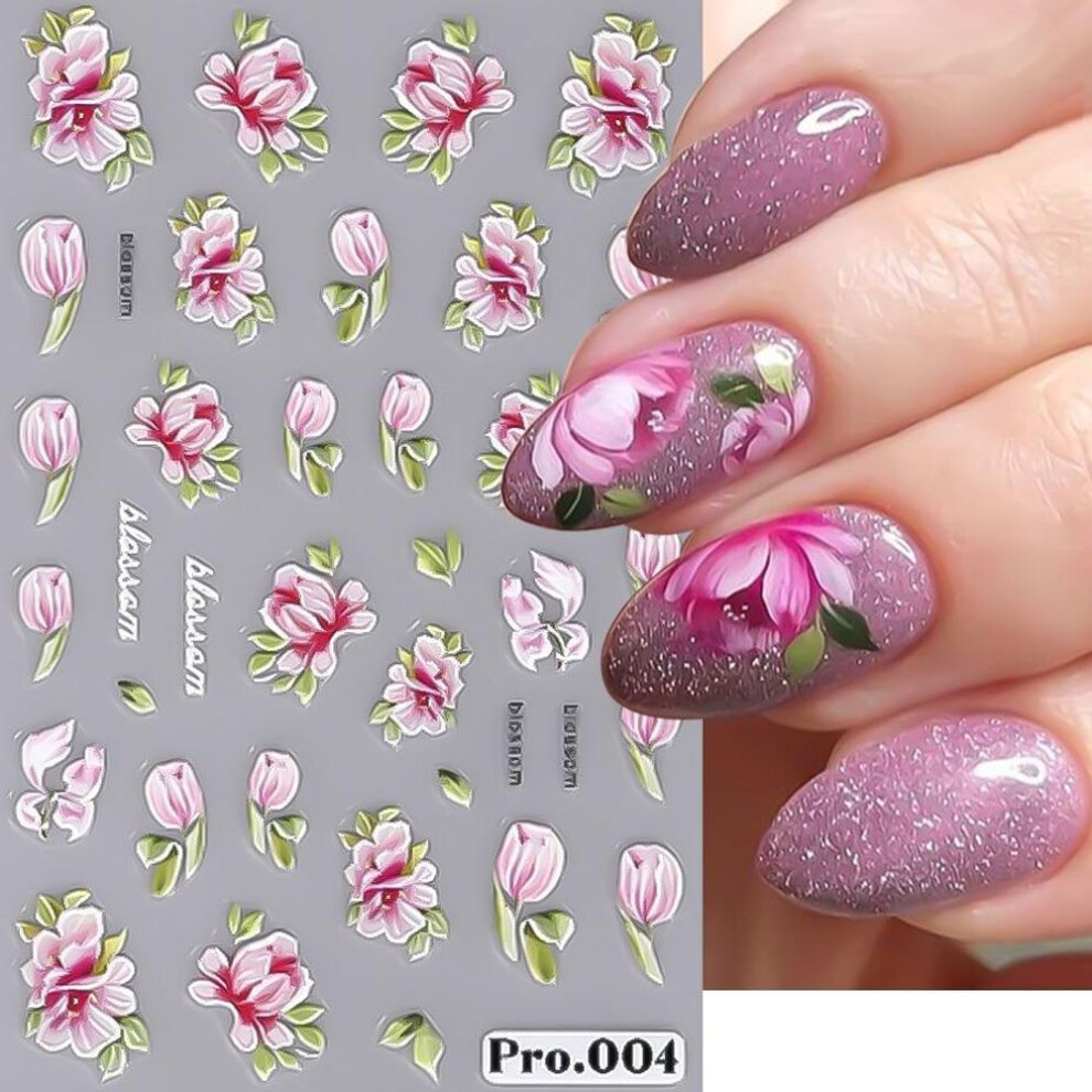 (PRO-004) 5D Embossed Nail Stickers Pink Peony Lily Rose Flowers Design Self-Adhesive Nail Transfer Sliders Decals DIY Manicure Decals