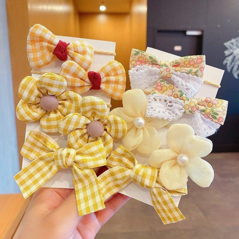 (Yellow) 10Pcs/Set Big Bow Flower Elastic Hairbands Children Girls Sweet Hair Ties Fashion Headbands Hair Accessories Rubber Band for Kid