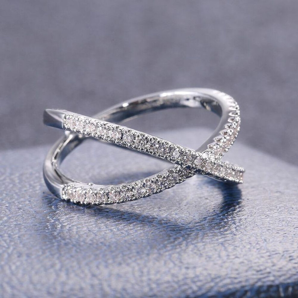 (6) Huitan Luxury Cross X Shape Women Engagement Ring Full Paved CZ Stone Silver Color Elegant Simple Female Jewelry Ring Hot  ZH