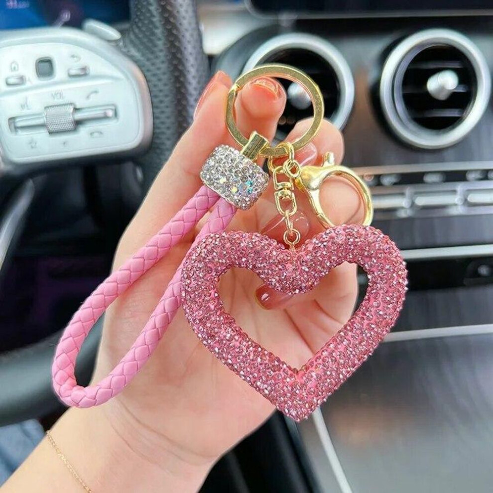 (Pink) Creative Hollow Out Heart Pendant Full Rhinestone Love Key Chain Leather Rope Car Keyring Pendant
