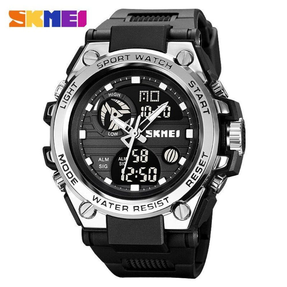 (Silver) SKMEI New Fashion Sport Digital Watch Dual Display EL Light Alarm Watches Multifunction 50M Waterproof Watch for Men 2031