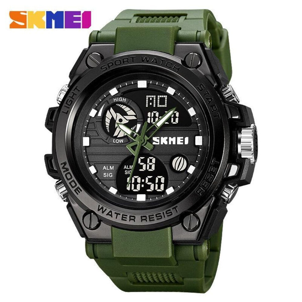 (Army Green) SKMEI New Fashion Sport Digital Watch Dual Display EL Light Alarm Watches Multifunction 50M Waterproof Watch for Men 2031