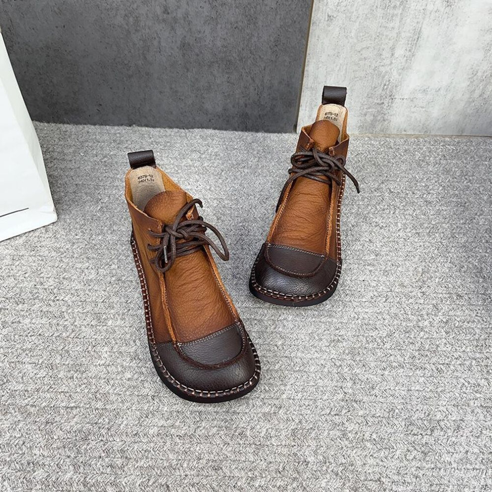 (brown, 36) Johnature Retro Women Mixed Colors Short Boots Genuine Leather Shoes Handmade Round Toe Lace-Up Ankle Boots