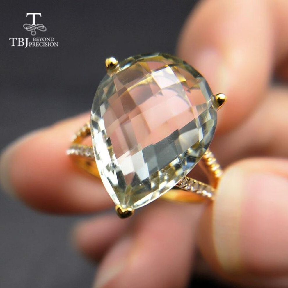(green, us ring size 10#) New big natural green amethyst Ring in 925 sterling silver yellow gold color gemstone jewelry for girls as a valentines gift