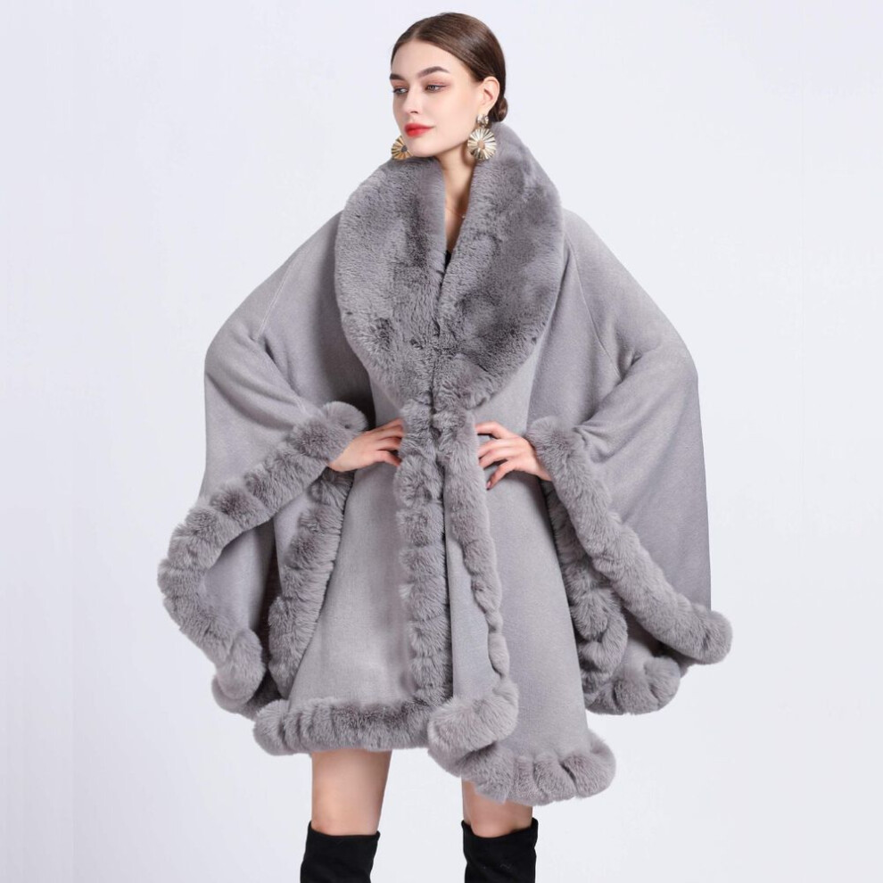 (light gray, One size) Elegant V Lapel Faux Rex Rabbit Fur Coat Cape Winter Women Big Long Shawl Full Trim Fur Knit Cloak Overcoat large size Parka