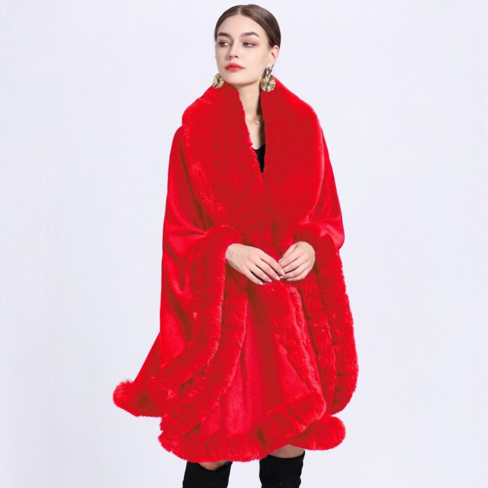 (bright red, One size) Elegant V Lapel Faux Rex Rabbit Fur Coat Cape Winter Women Big Long Shawl Full Trim Fur Knit Cloak Overcoat large size Parka
