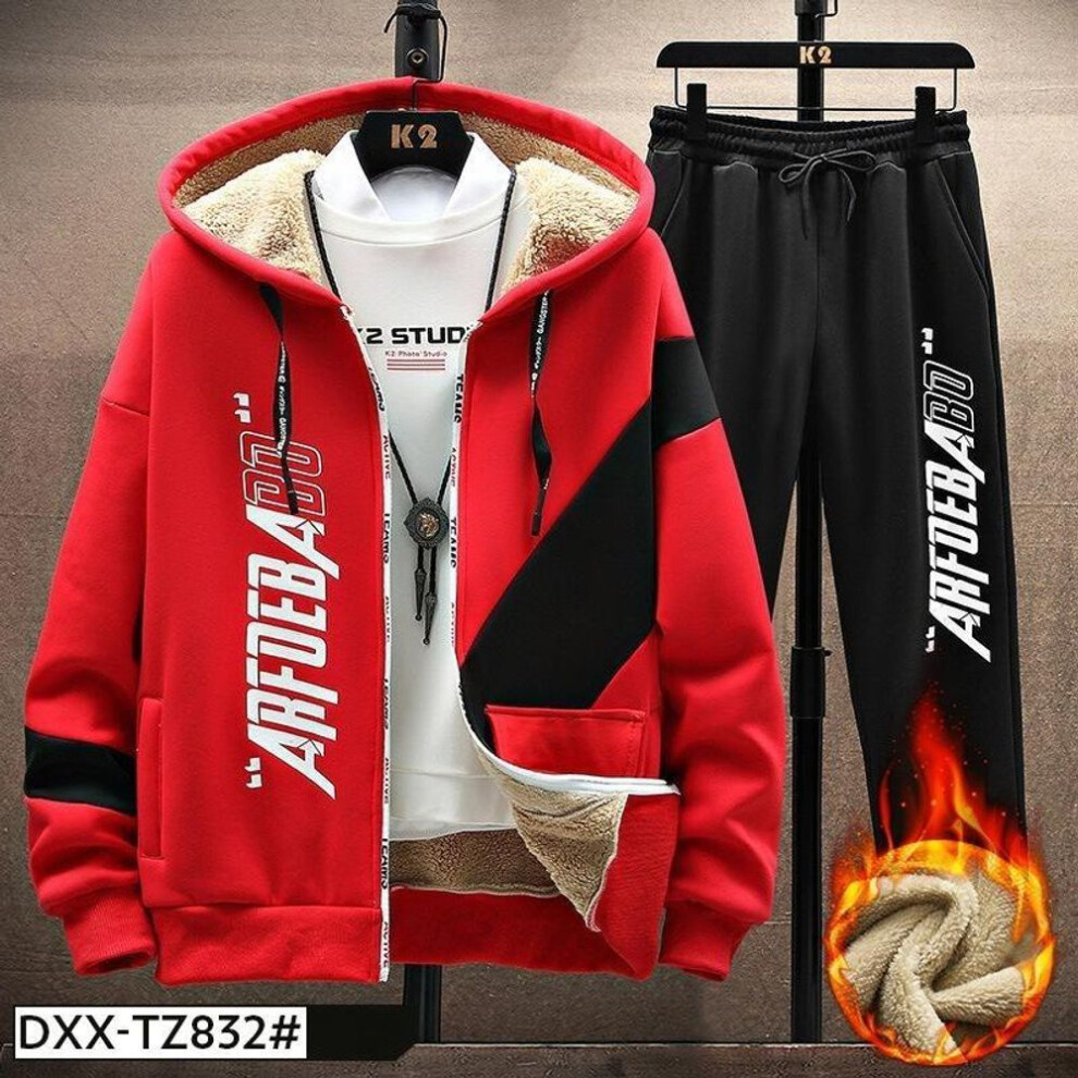 (red, L) Men &apos;S Jacket Autumn And Winter Plus Velvet Thick Lamb Wool Sports Suit Two -Piece Set