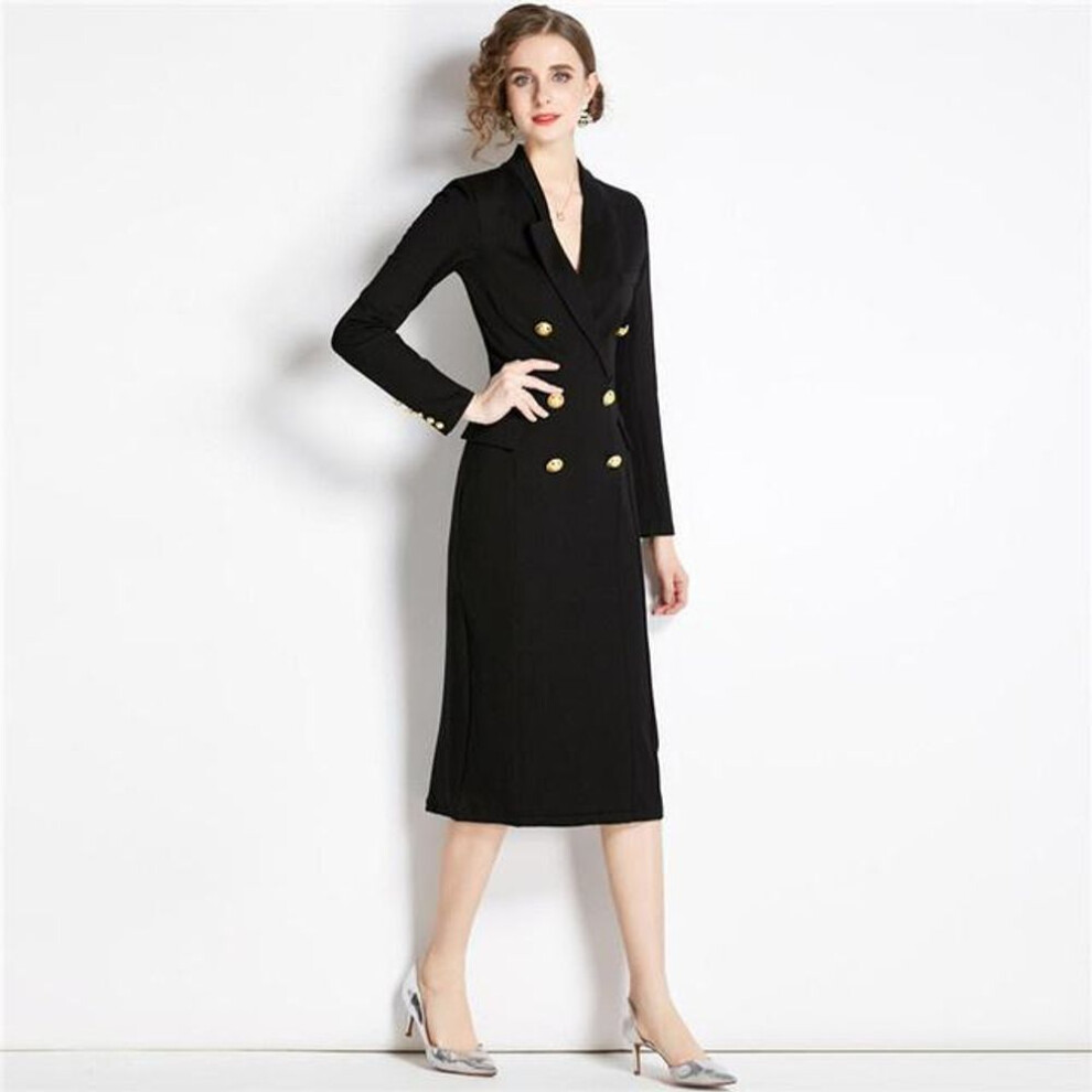 (black, XL) New Fashion Autumn Office Lady Dresses In Black Color Temperament Slim High Waist Double Breasted Knee Length Hepburn Vestidos