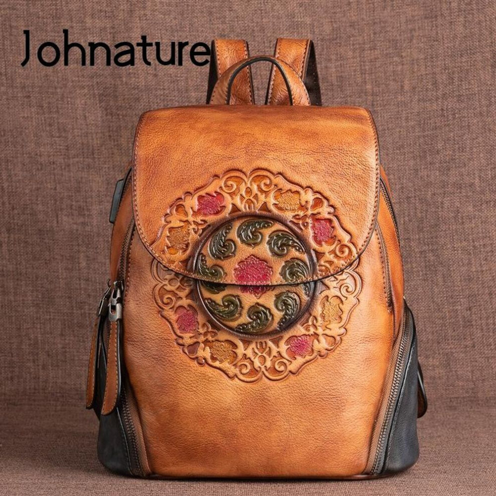 (orange) Leather Backpack Women Bag Handmade Embossing Natural Cowhide Large Capacity Travel Bags