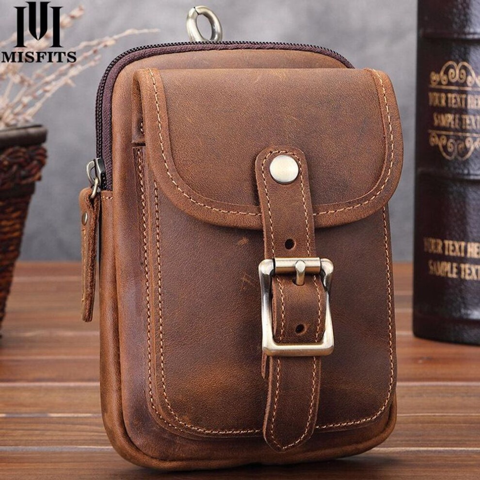 (brown) MISFITS Genuine Leather Waist Packs Men Vintage Travel Fanny Pack with Passport Holder Belt Phone Bag for Man Small Hook Bum Bag