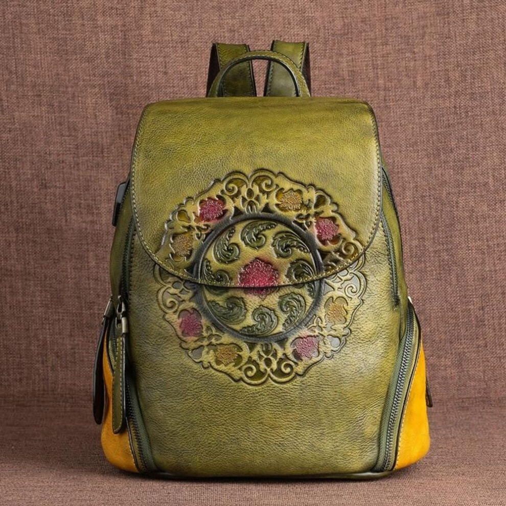 (green) Leather Backpack Women Bag Handmade Embossing Natural Cowhide Large Capacity Travel Bags
