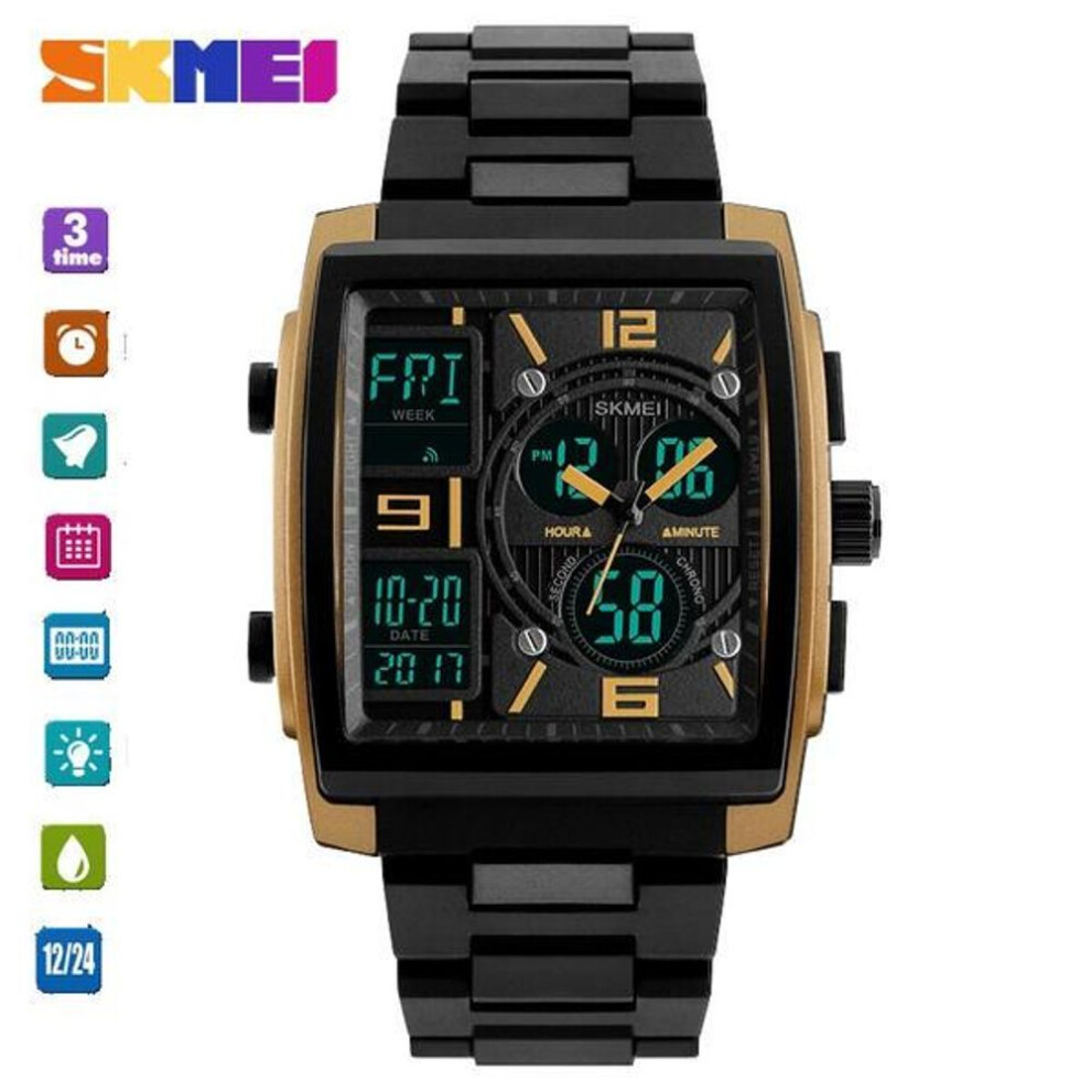 (Gold) Skmei Sport Men Dual Display Digital Quartz Multifunction Countdown Watch 50M Waterproof  Wristwatch 1274