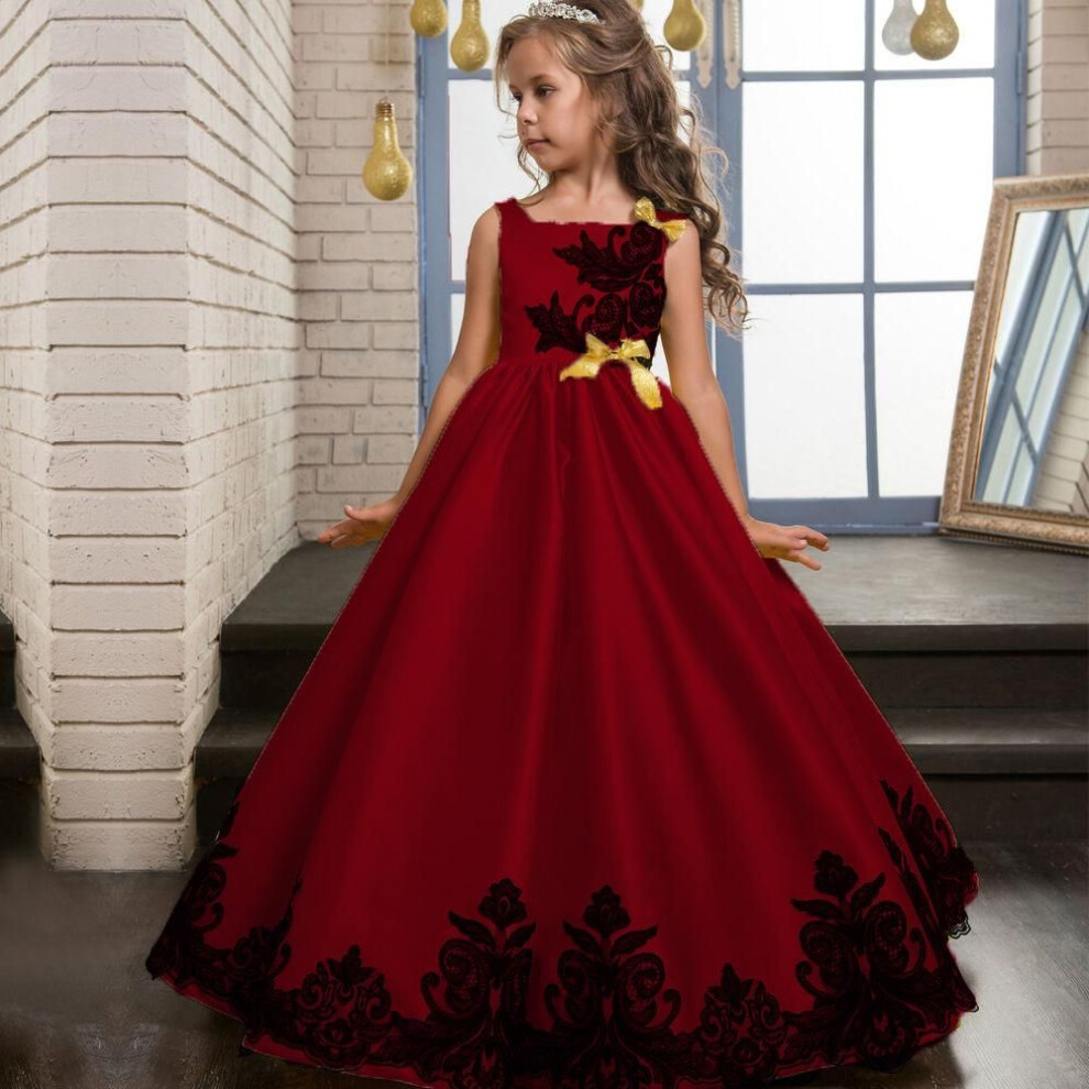 (red, 170) High quality Kids Girls Wedding Embroidery Princess Party Pageant Formal Dress Sleeveless Silk Tulle