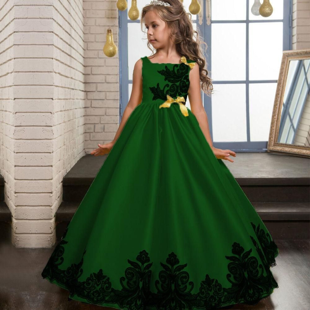 (green, 160) High quality Kids Girls Wedding Embroidery Princess Party Pageant Formal Dress Sleeveless Silk Tulle