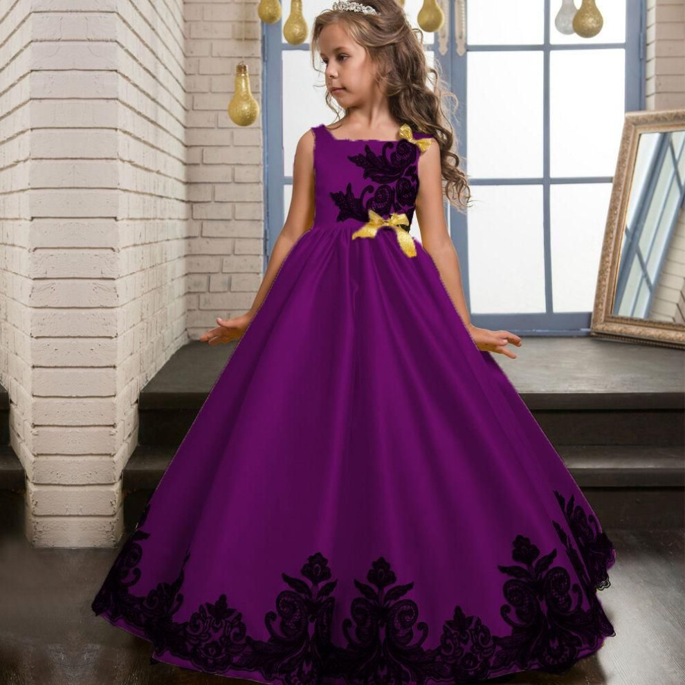 (purple, 120) High quality Kids Girls Wedding Embroidery Princess Party Pageant Formal Dress Sleeveless Silk Tulle