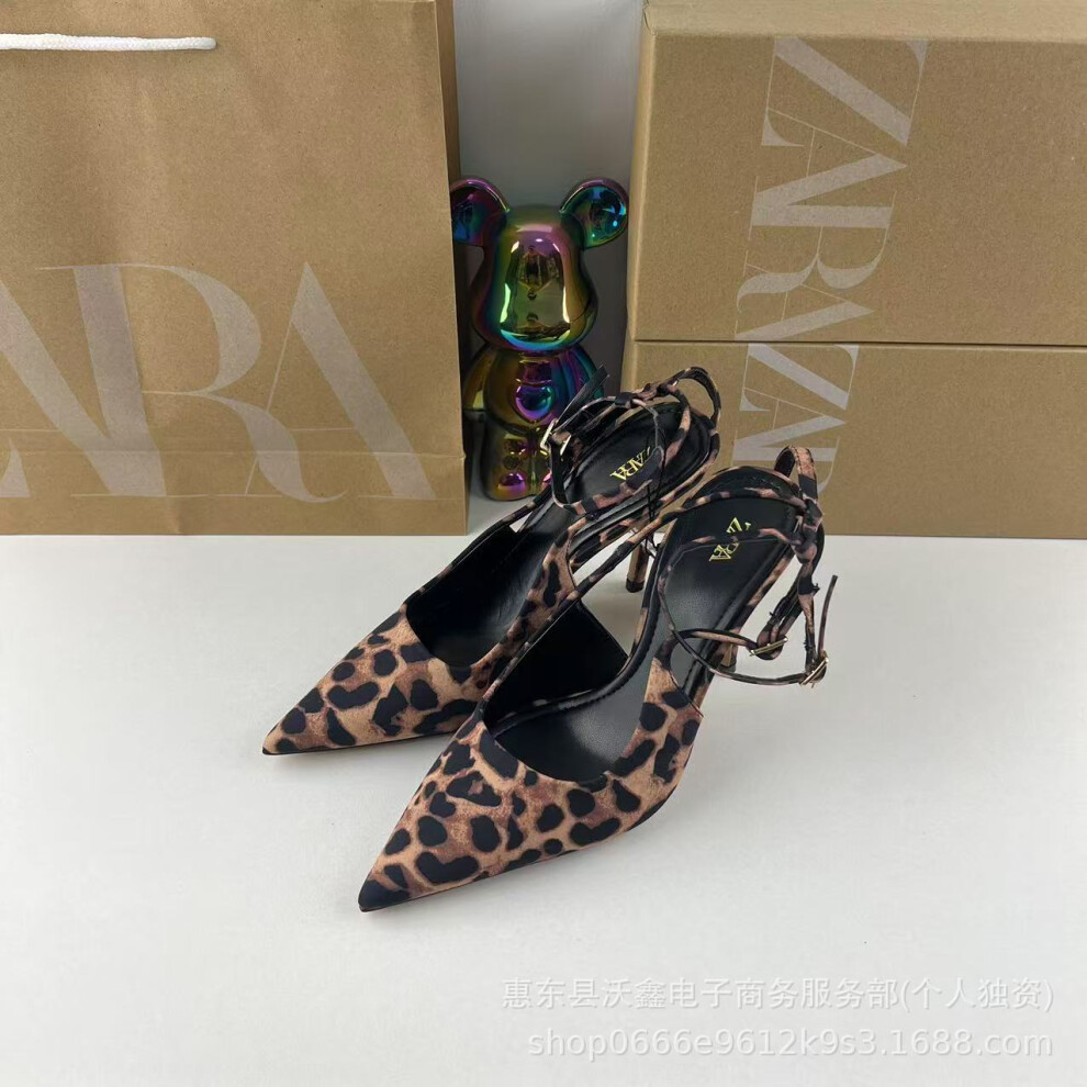 (Leopard print, 35) ZAR summer new product women's shoes printed texture leather stiletto heel pointed toe strap buckle sandals mules