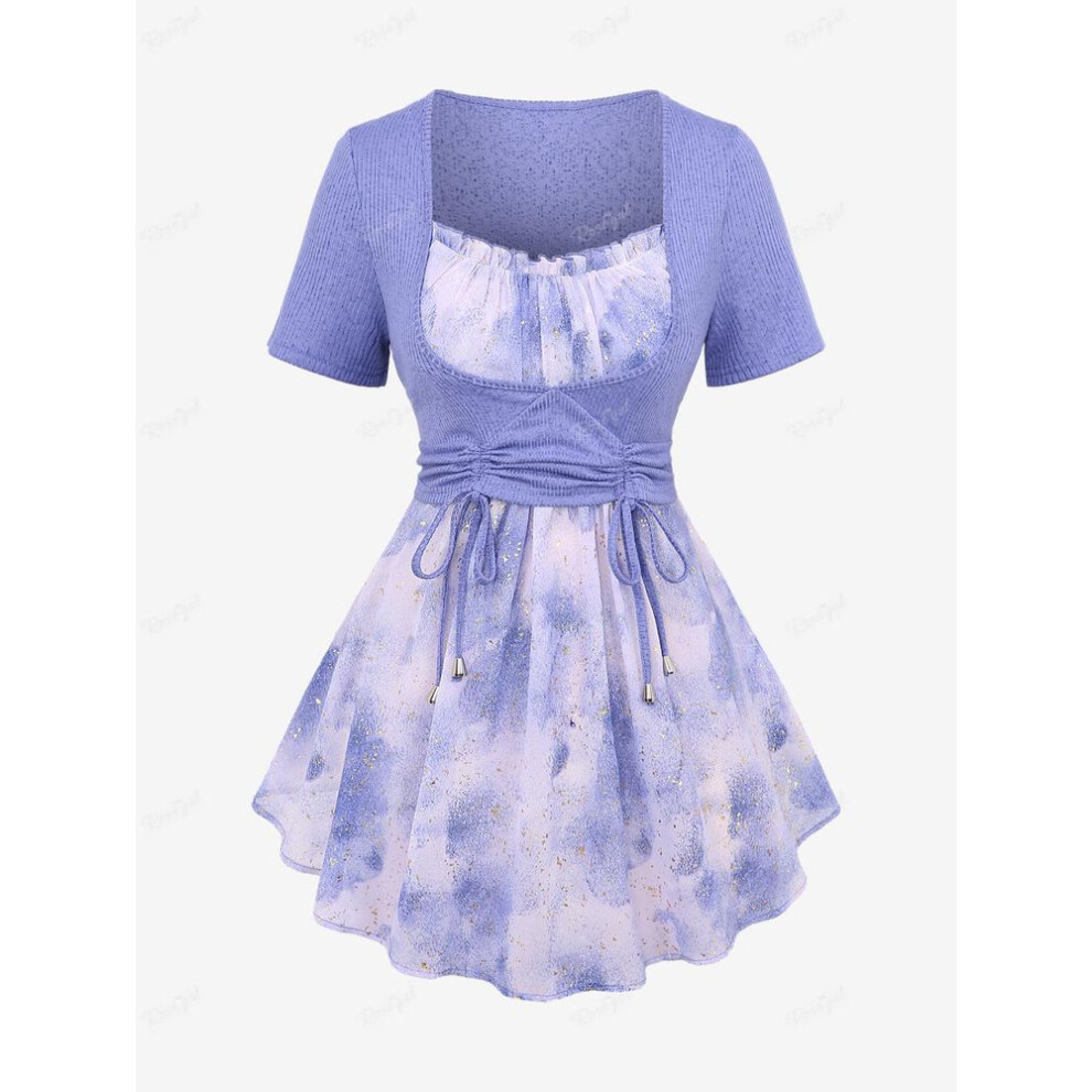 (purple, 3XL) Rosegal Plus Size Tie Dye Colorblock Ruffles Ruched Hot Stamping Glitter Cami Top and Cinched Textured Ribbed T-shirt