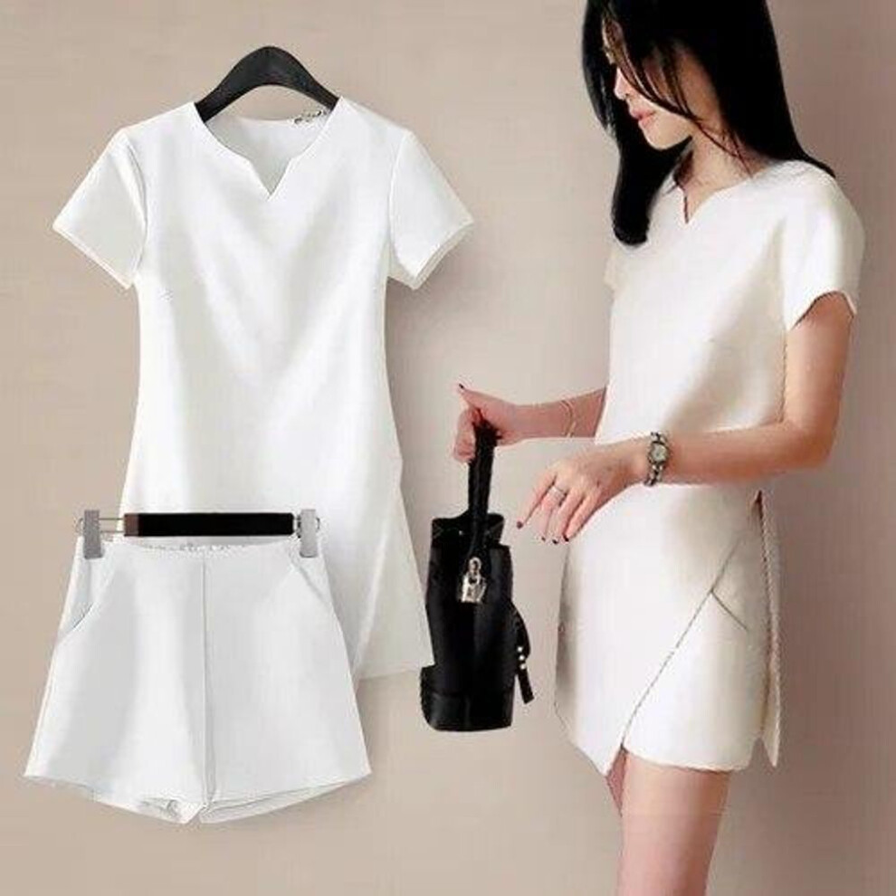 (white, 2XL) New Women&apos;s Fashion White Black Suit Split Shirt and Shorts Summer Casual Ladies Office Workt Two-piece Suit Set