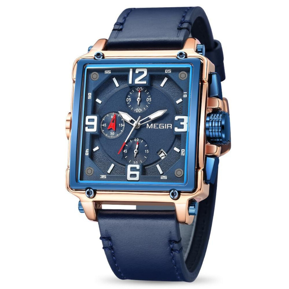 (Blue) MEGIR Creative Men Watch Top Brand Luxury Chronograph Quartz Watches Clock Men Leather Sport Army Military Wrist Watches Saat