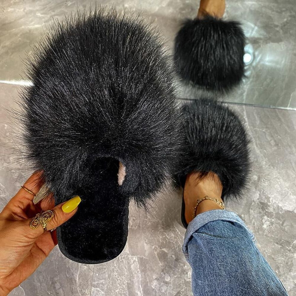 (black, 41) Women Summer Furry Slippers Fluffy Home Shoes  Women Ladies Flops With Female Fur Sandals