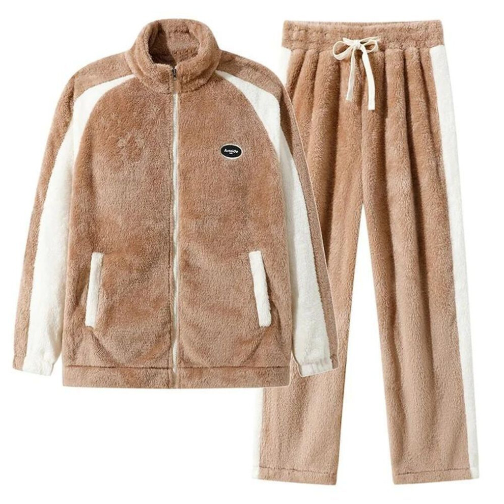 (grey, 8XL) Men&apos;s winter warm pajama set with thick coral velvet and thick zip cardigan plus size 8xl loose home service set