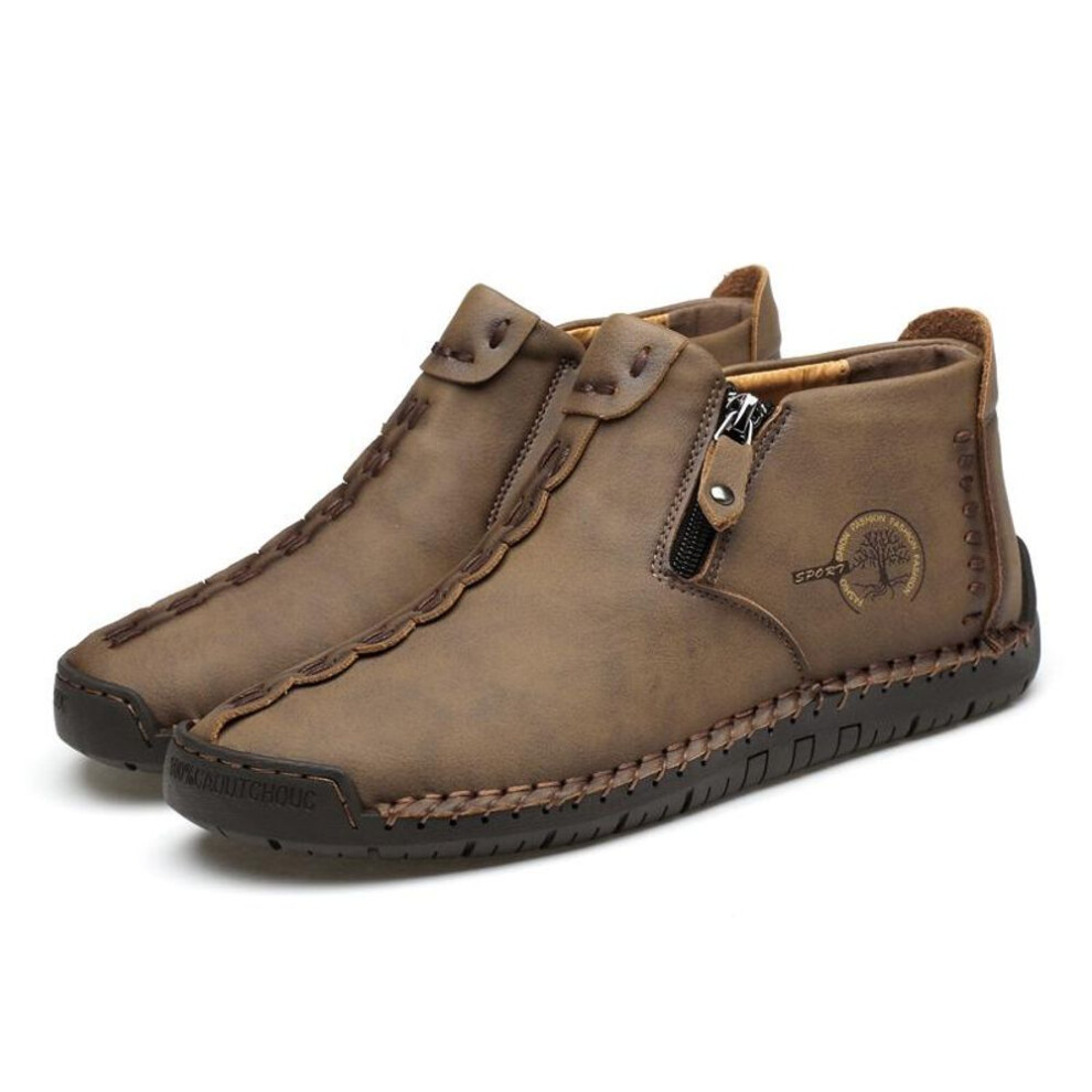 (khaki, 47) Mens Genuine Leather  Boots  Zipper Shoes Leather Men Ankle Boots
