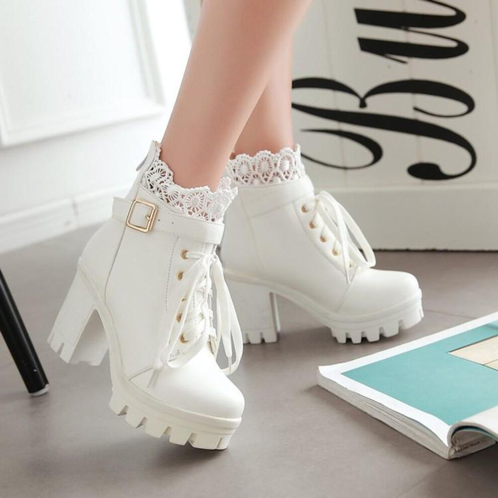 (white, 38) Women Female high heels lace Winter Boots Fashion black white Women Boots Lace Up winter Boots Shoes Woman Casual Shoes Large