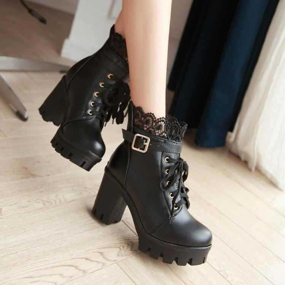 (black, 37) Women Female high heels lace Winter Boots Fashion black white Women Boots Lace Up winter Boots Shoes Woman Casual Shoes Large