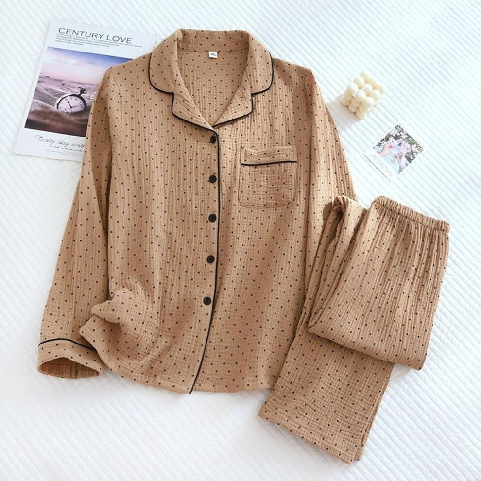 (brown, M) 2025 Spring and Autumn New Women&apos;s Pajama Set 100%cotton crepe long-sleeved trousers two-piece polka dot cute home wear thin set