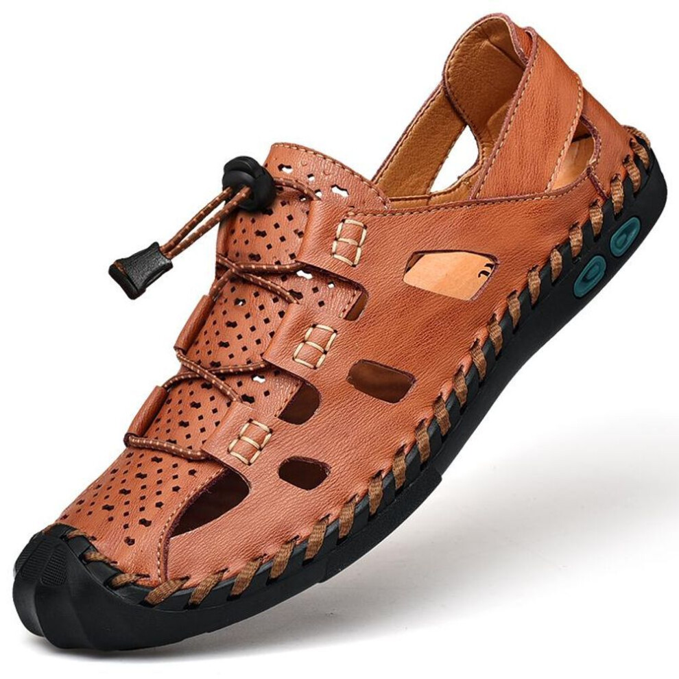 (brown, 46) Hand-stitched Summer Men Sandals Breathable Outdoor Men Beach Sandals