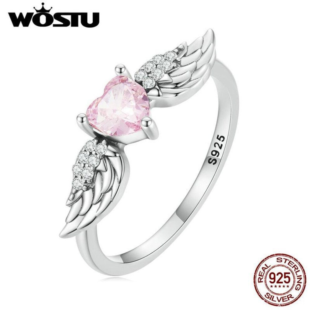 (6) WOSTU 925 Sterling Silver Pink Heart Zirconium Ring for Women Fine Jewelry Angel Wing Ring Eternity Band Wedding Gift