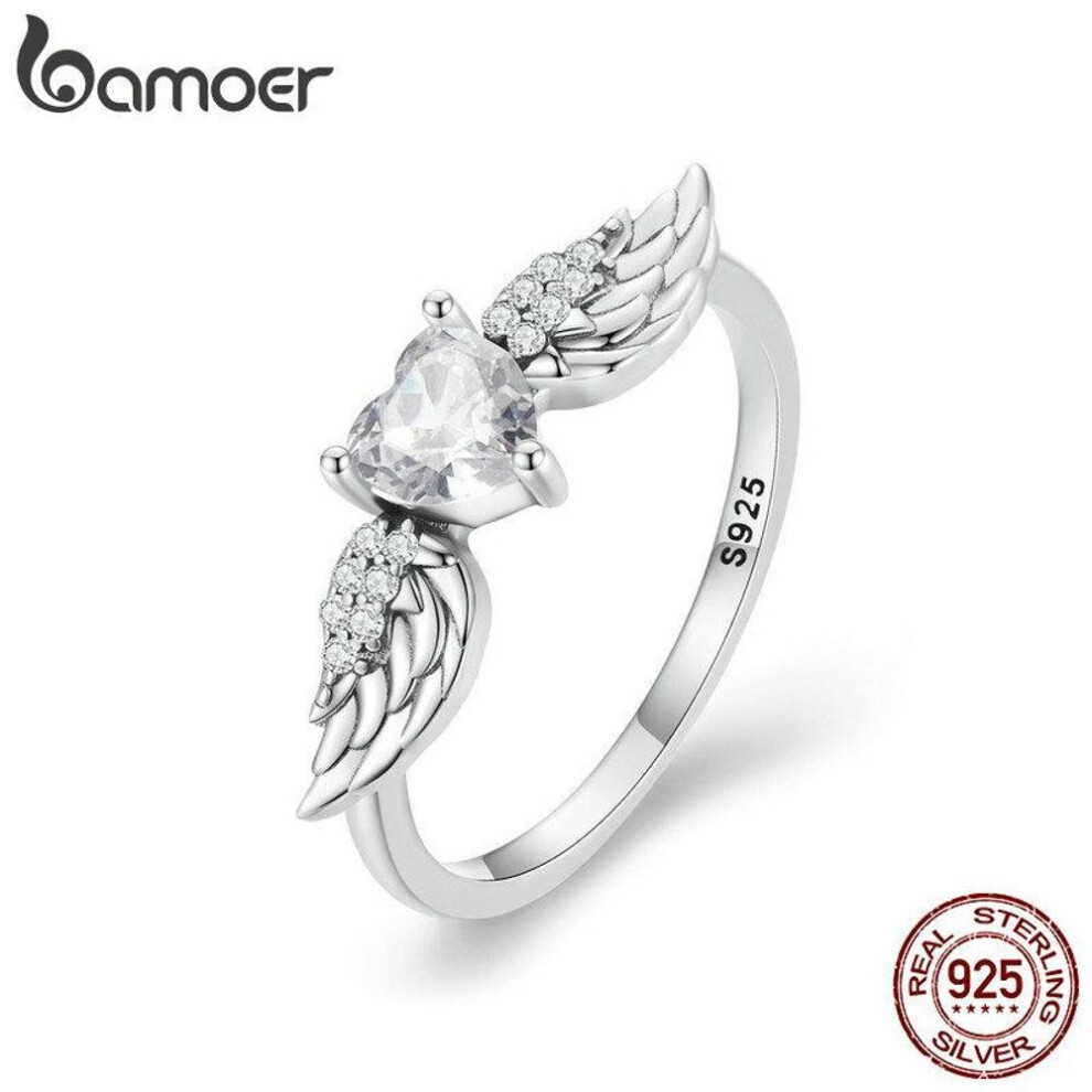 (9) WOSTU 925 Sterling Silver Pink Heart Zirconium Ring for Women Fine Jewelry Angel Wing Ring Eternity Band Wedding Gift