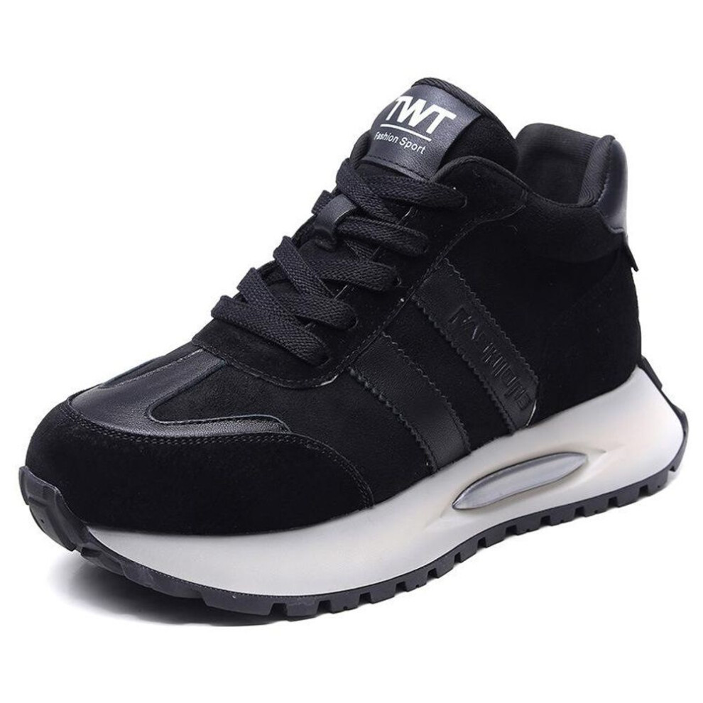 (black, 35) Johnature Genuine Leather Sports Leisure Shoes Women Breathable Lightweight Non Slip Lace-up Sneakers
