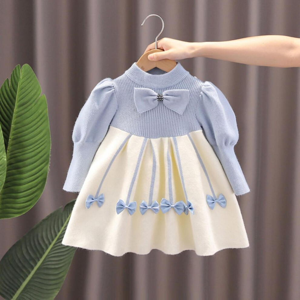 (light blue, 110) 1 To 6T Kids Girls Floral Print Bowknot Dress Ribbed Round Necks Fall Dress  Girls