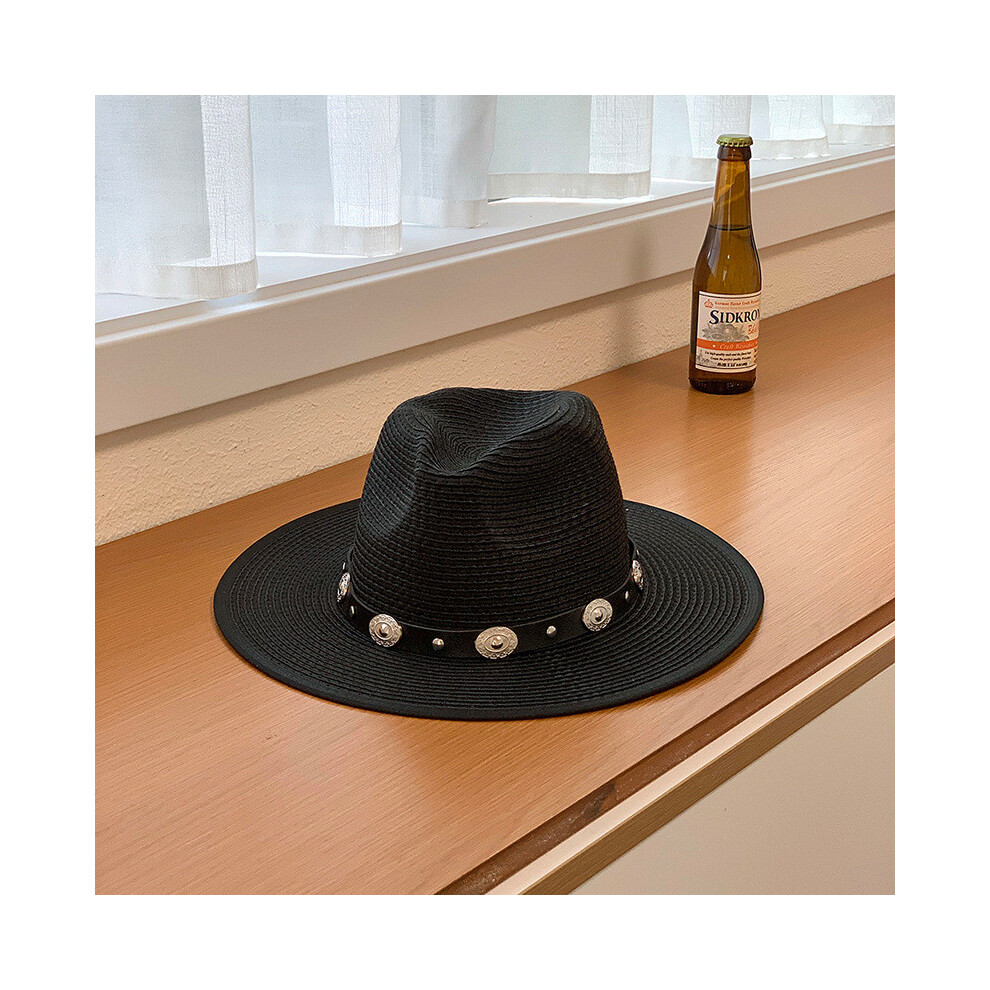 (Black) Retro Sun Woven Hat Rivet Decoration And Large Brim Design For Daily Outdoor-image-OPC-PHHCJ9Q-NEW