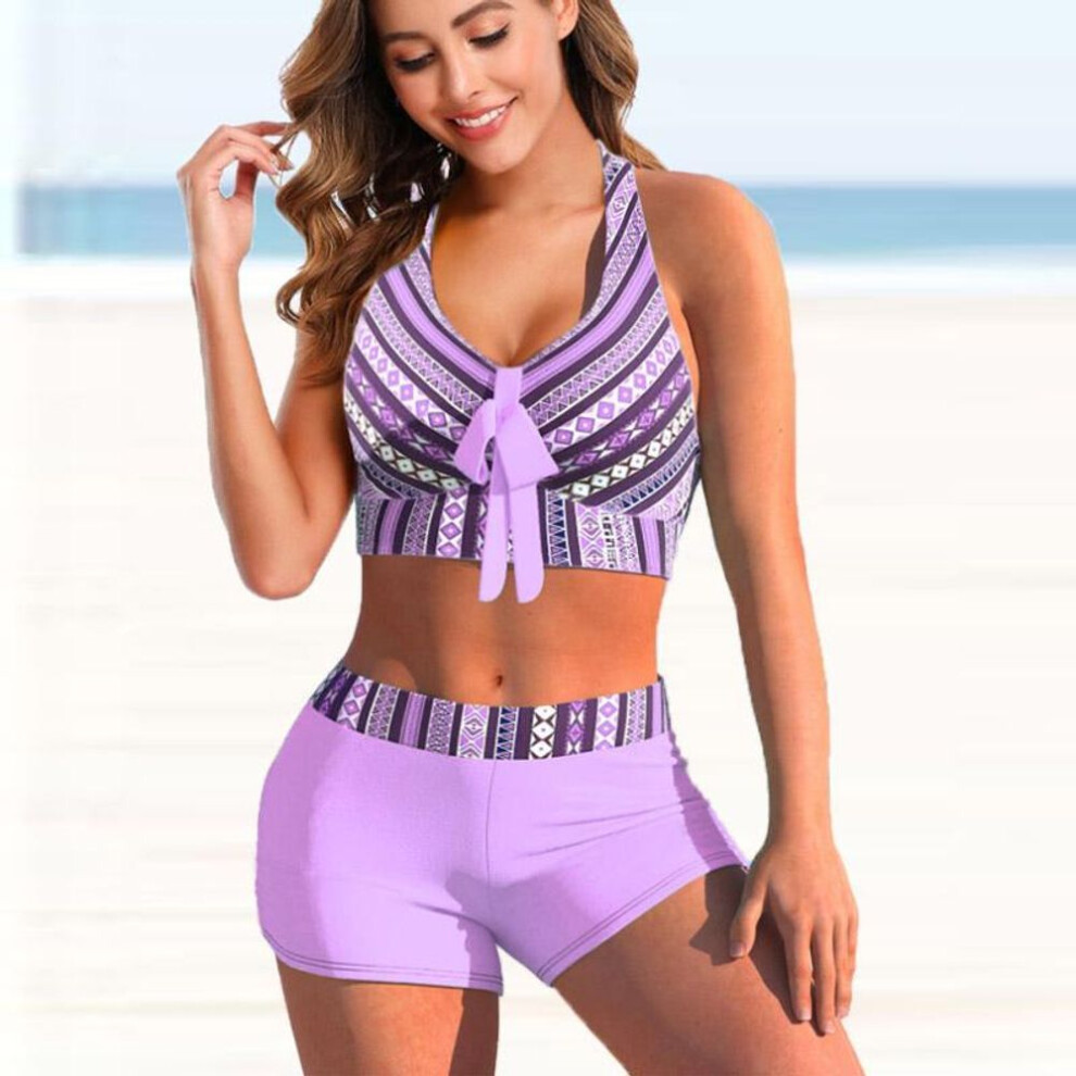 (purple, 3XL) Women&apos;s Halter Bikini Tankini Swimsuit Black and White Striped Print Swimsuit