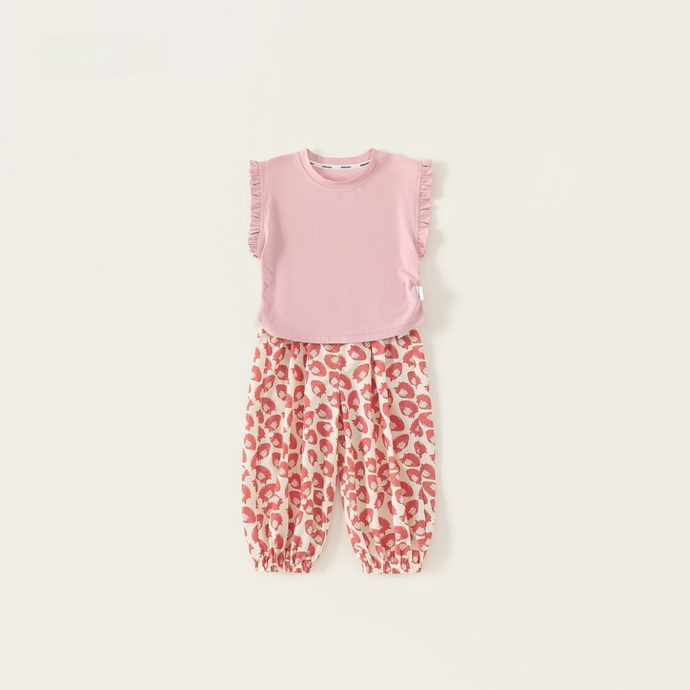 (Pink, 90cm) Girls Summer Sleeveless Set Outdoor Short Sleeve Flower Printed Pattern Pants-image-OPC-PHHCMQ2-NEW