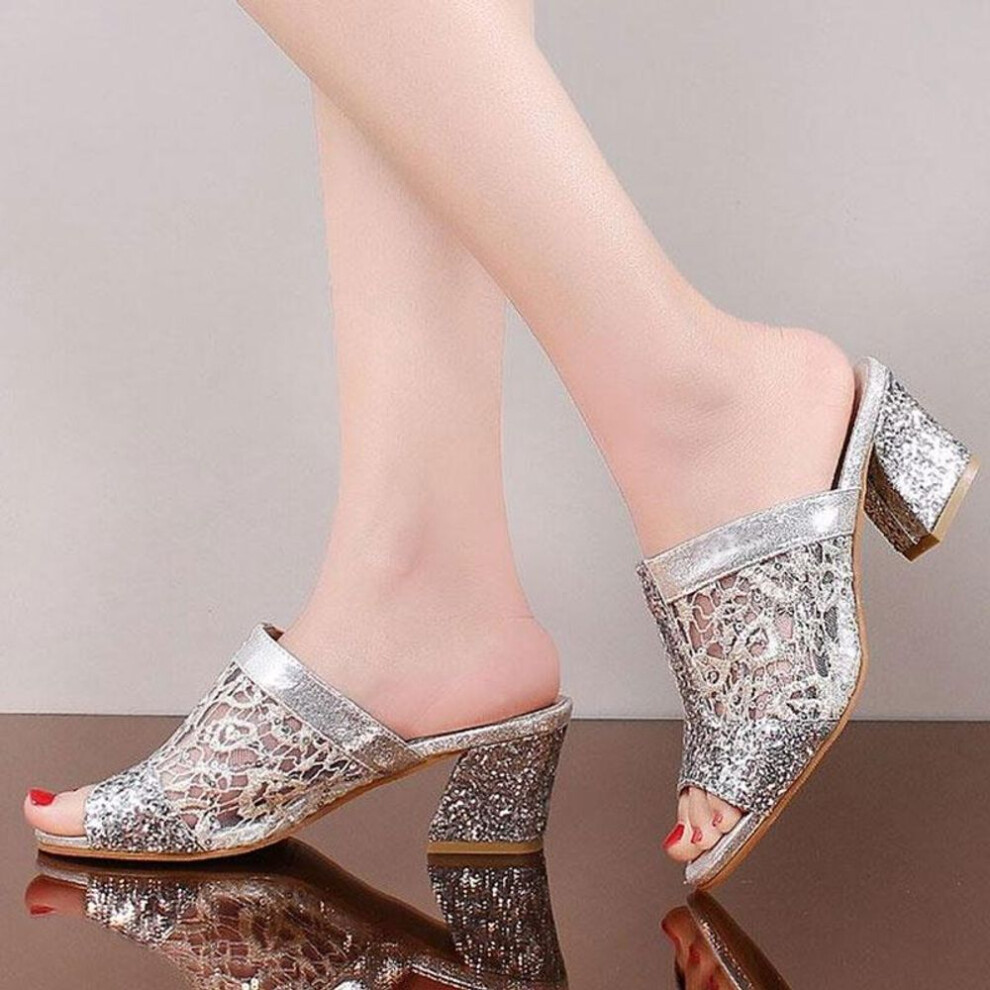 (silver, 42) Women Summer Slip On Sandals Open Toe Crystal Chunky Heels Flip Flops