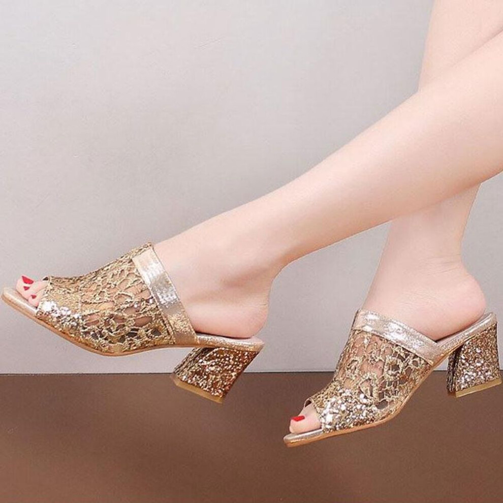 (gold, 39) Women Summer Slip On Sandals Open Toe Crystal Chunky Heels Flip Flops