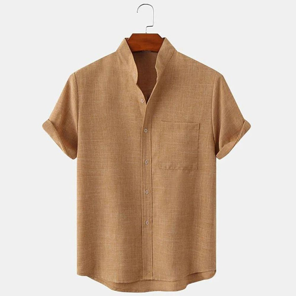 (khaki, S) Men&apos;s Fashion Short Sleeve Linen Shirts Casual Oversized Loose Shirts