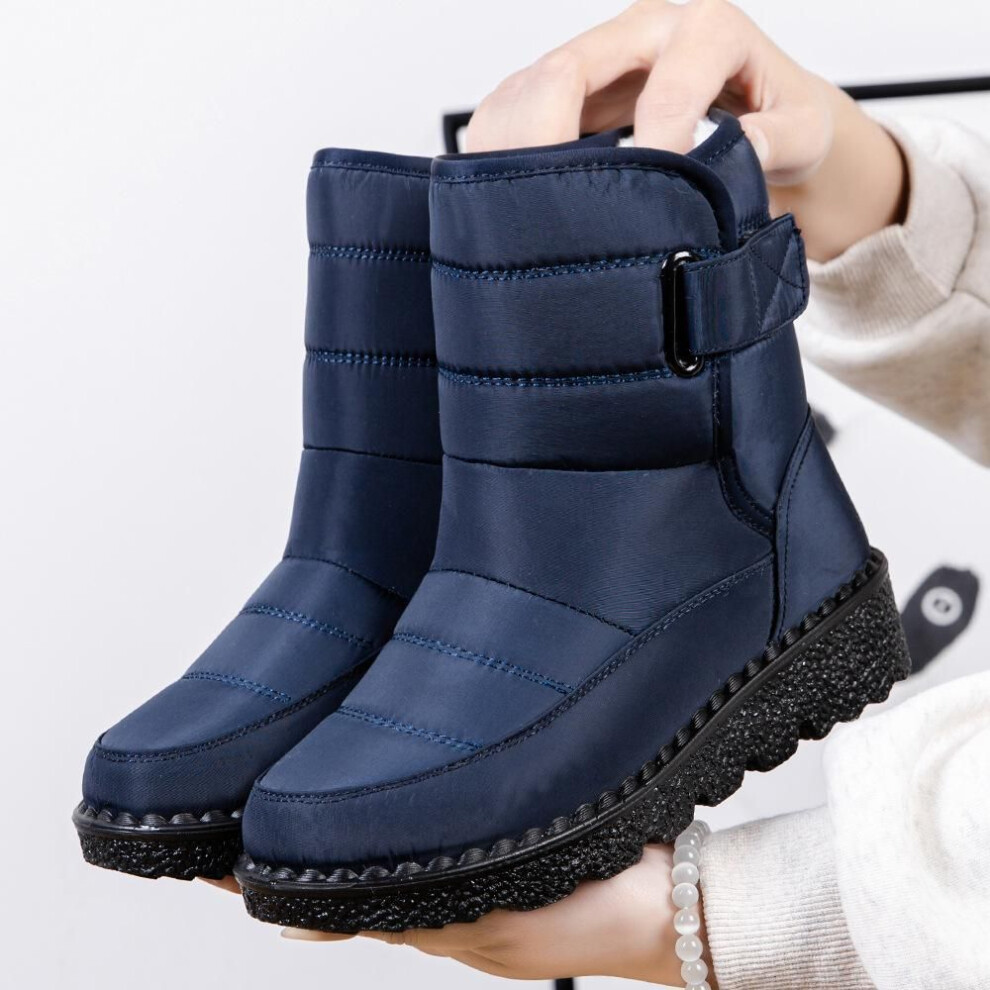 (blue, 35) Women&apos;s Winter Warm Snow Boots Velcro Waterproof  Solid Color Casual All Match Shoes