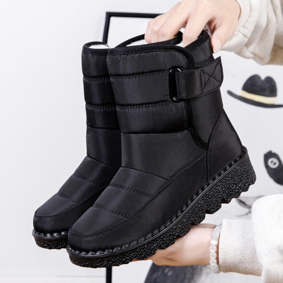 (black, 44) Women&apos;s Winter Warm Snow Boots Velcro Waterproof  Solid Color Casual All Match Shoes