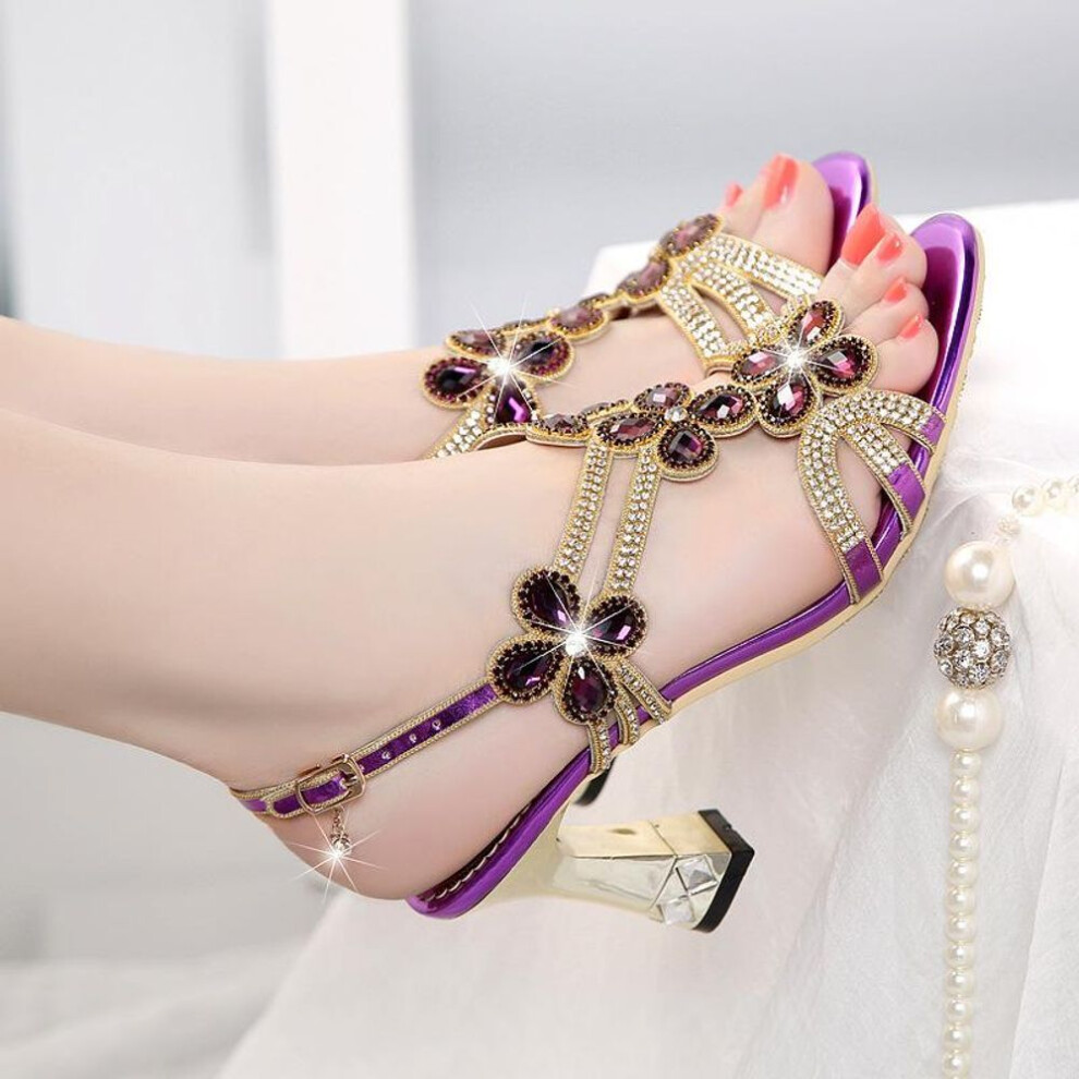 (purple, 34) Rhinestone Sandals Women Wear Diamond-encrusted Thick Heels Comfortable and Sexy Korean Version of Crystal High-heeled Shoes