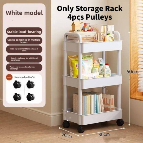 (White Three Storey) Rolling Small Storage Cart Collapsible Kitchen Bedroom Organization Bathroom