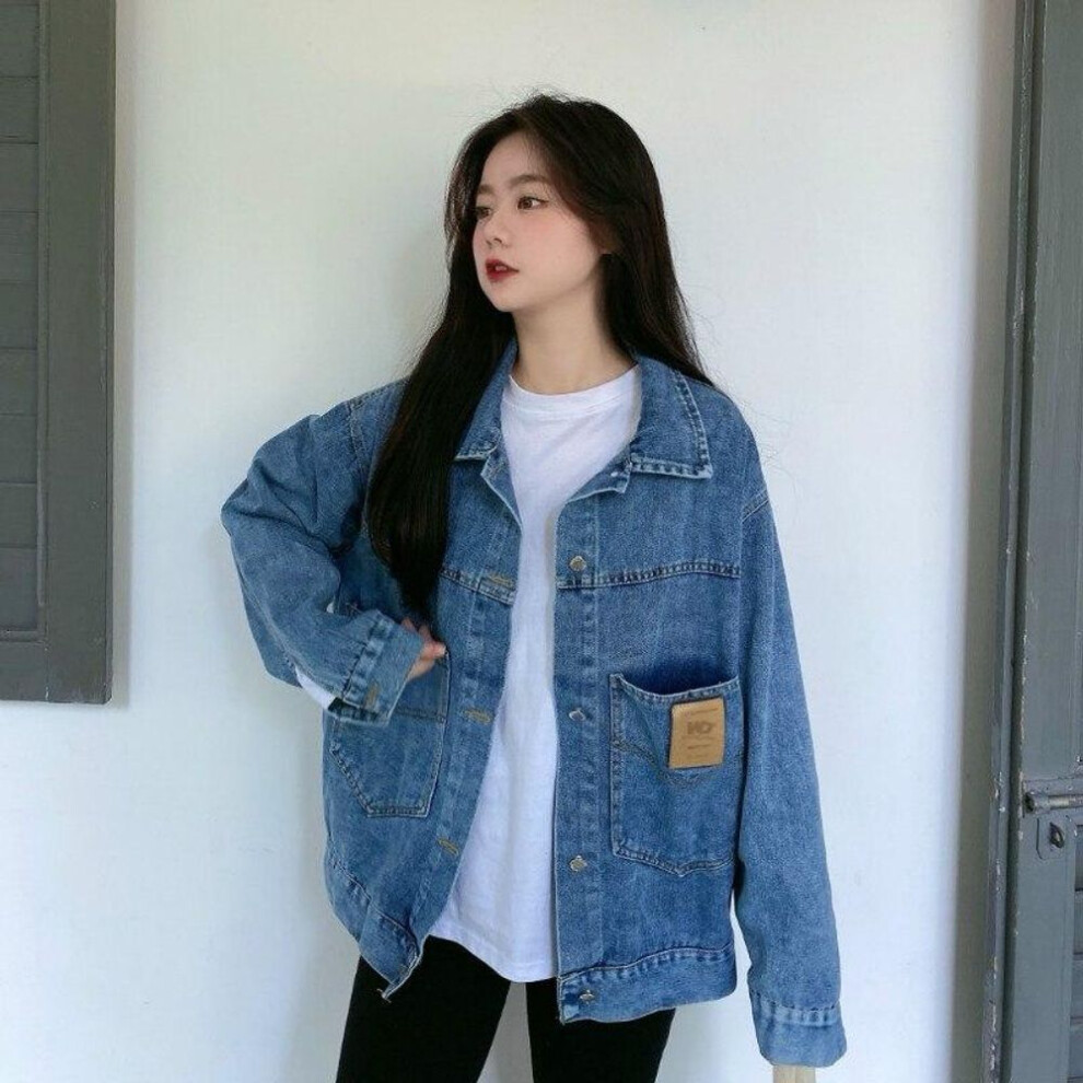 (blue, L) Women Korean Loose Cardigan Jacket Casual Denim Coat