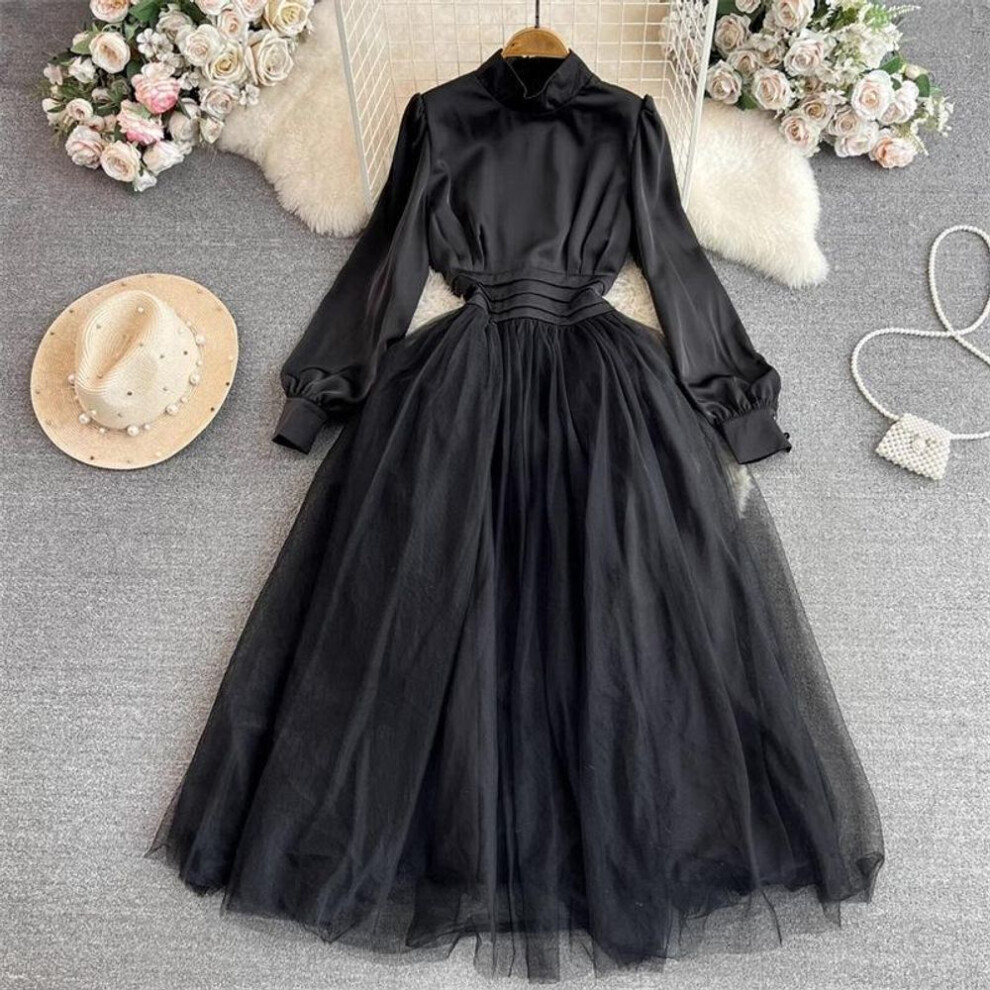 (black, S) Vintage Palace Style Dress Elegant Lantern Long Sleeve Stand Neck Pleated Waist A-Line Mesh Fluffy Dress Party