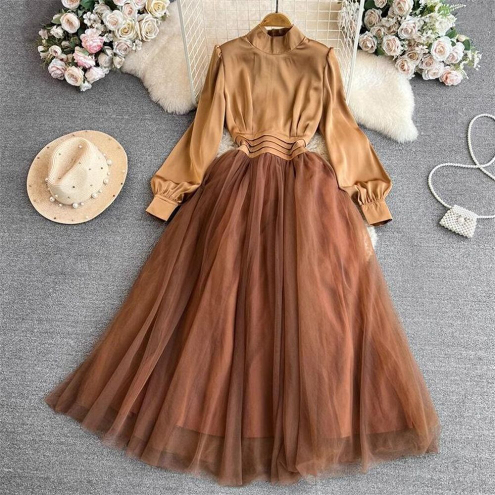 (coffee, XL) Vintage Palace Style Dress Elegant Lantern Long Sleeve Stand Neck Pleated Waist A-Line Mesh Fluffy Dress Party
