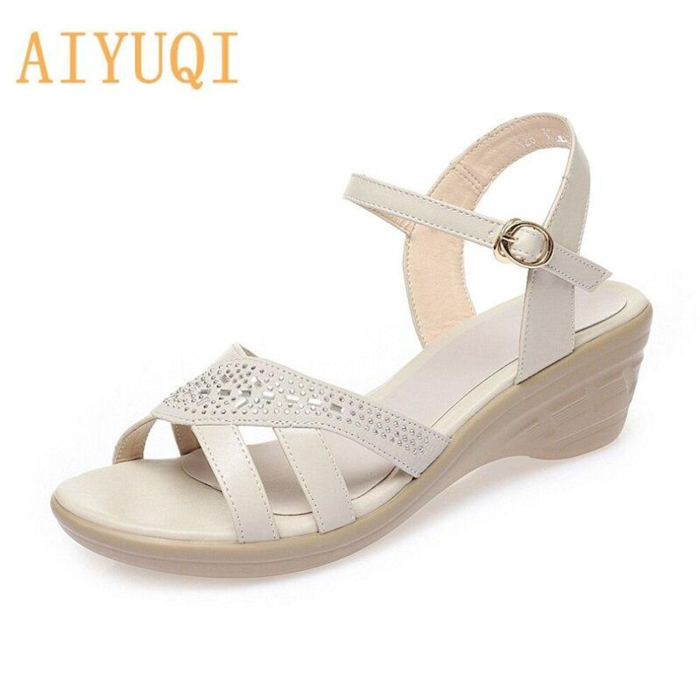 (beige, 39) Women&apos;s Sandals Wedges  Summer New Female Sandals Open Toe Large Size  Mother Casual Sandals Ladies