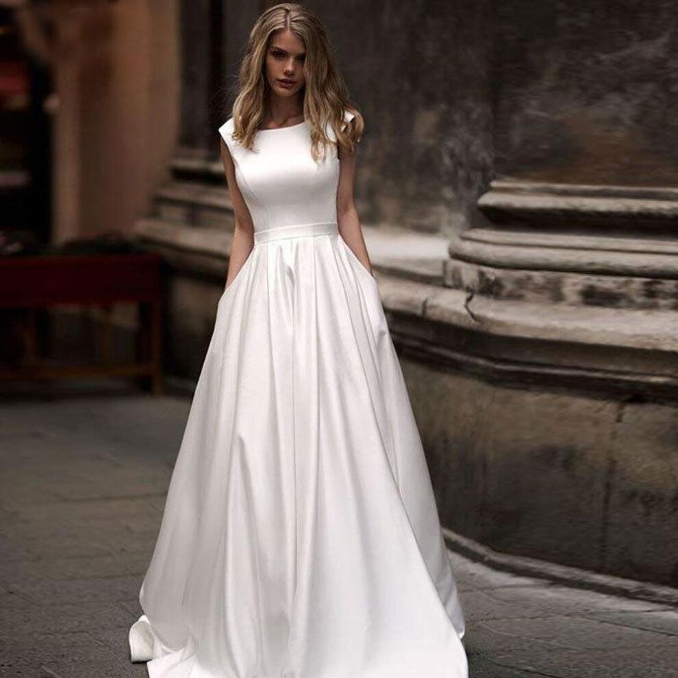 (ivory,white, S) Light Ivory Satin Long  Pleat Illusion Elegant Women Bride To BE Gown Wedding Party Dresses